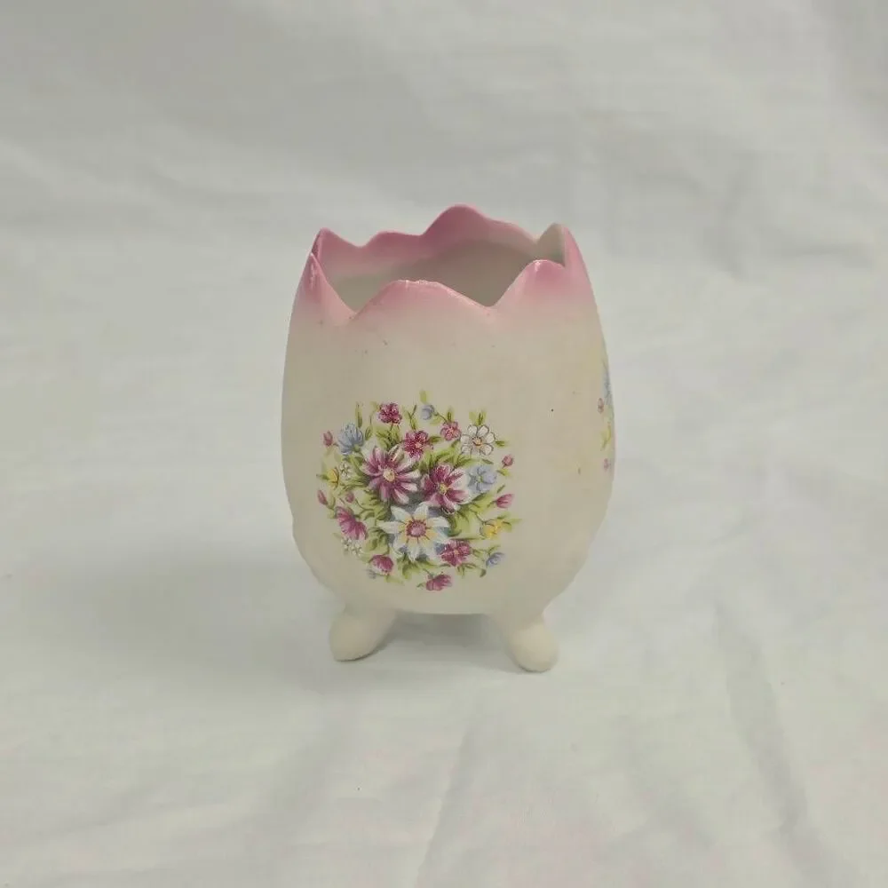 Vintage Pink Floral Egg Vase on Tripod Feet Ceramic